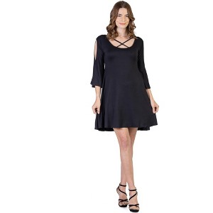 Womens Criss Cross Neck Cold Shoulder Bell Sleeve A-Line Dress - 24seven Comfort Apparel™ - 1 of 4