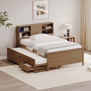 KTMBDW Full Size Captain Bed with Storage Bookcase Headboard, Captain bed with Trundle and Three Storage Drawers for Bedroom, Guest Room, Walnut - 1 of 4