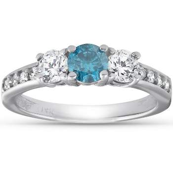 Pompeii3 1 Carat Three Stone Blue & White Diamond Ring 14K White Gold