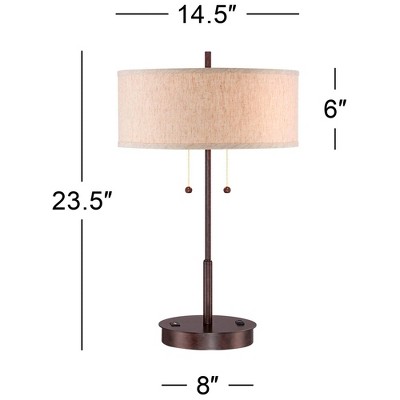 Bronze Table Lamp with Off-White Fabric Drum Shade and USB Port