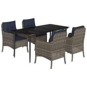 vidaXL 5-Piece Outdoor Dining Set - Gray PE Rattan Chairs & Black Table with Navy Cushions, Tempered Glass Top, Weather-Resistant - 1 of 4