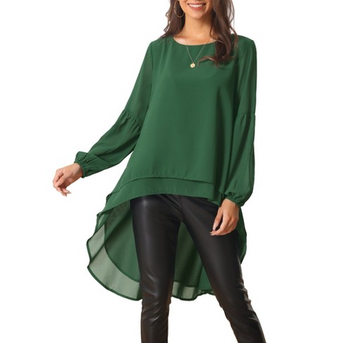 Seta T Women's Lantern Long Sleeve Round Neck High Low Irregular Hem Casual  Blouse Dark Green Medium