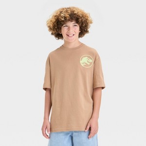 Boys' Jurassic Park Embroidered Front and Back Graphic Oversized Short Sleeve T-Shirt - Brown - 1 of 4