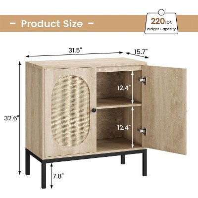 Product size diagram showing dimensions of cabinet: height 32.6 inches, width 31.5 inches, depth 15.7 inches, door opening interior height 12.4 inches