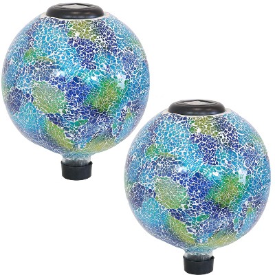 Sunnydaze Crackled Glass Azul Terra Design Indoor/Outdoor Garden Gazing Globe with LED Solar Light - 10" Diameter - Blue and Green - 2-Pack