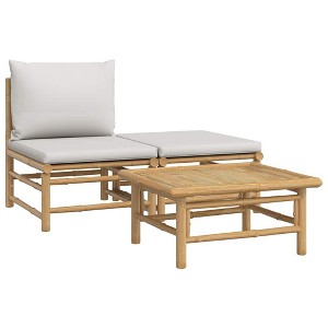 vidaXL Bamboo 3 Piece Patio Furniture Set - Light Gray Cushions - Garden/Patio Lounge Sofa, Footstool & Table - 1 of 4