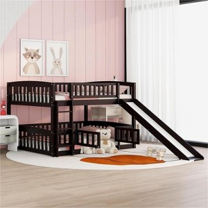 RISOKEYS Full Over Full Low Bunk Bed - Slide Included, Safety Fence & Ladder, Perfect for Toddlers Kids Teens - Espresso - 1 of 4