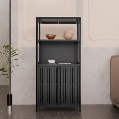 Dolonm 52 in. Black Bamboo Storage Cabinet with 2 Doors Multi-Purpose Floor Organizer for Bathroom & Living Room