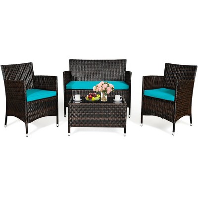 Turquoise Cushioned PE Rattan Wicker Outdoor Furniture Set