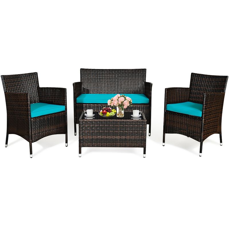 4PCS Outdoor Patio PE Rattan Wicker Table Shelf Sofa Furniture Set With Cushion, 2 of 11