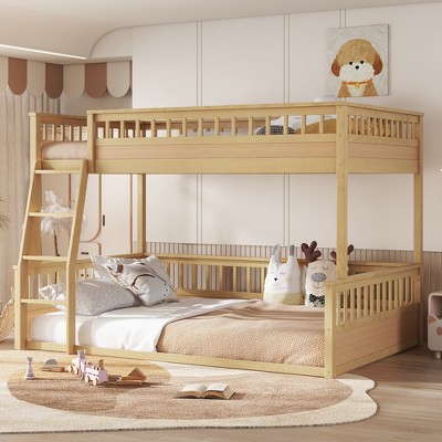 Twin XL/Full XL/Queen Over Queen Bunk Bed with Ladder and Guardrails, Convertible into Two Separate Beds, White/Natural - ModernLuxe