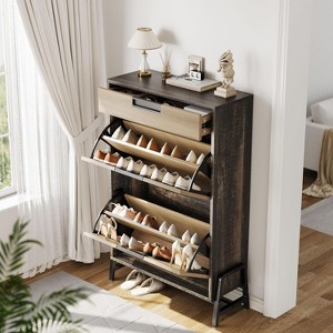 TackView Vintage Farmhouse Shoe Storage Cabinet – Narrow Freestanding Organizer with 2 Flip Drawers, 1 Drawer & Open Shelf - 1 of 4