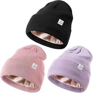 Zuppad 3 Pack Satin Lined Winter Beanie Hats for Women Men,Silk Lined Womens Beanies Knit Soft Warm Cuffed Hats - 1 of 4