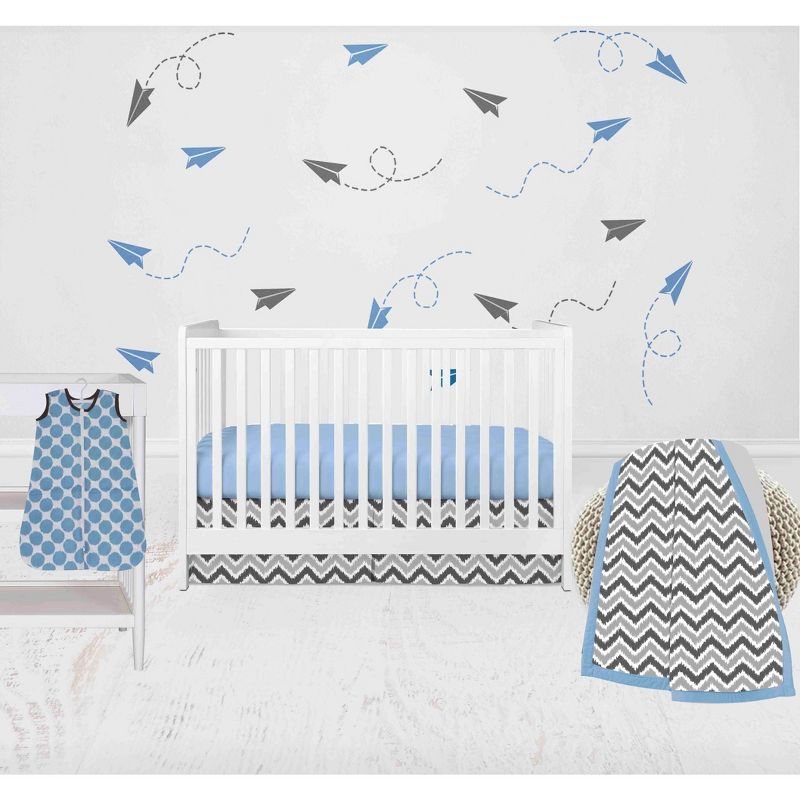 Bacati - Ikat Dots Zebra Blue Grey Boys 4 pc Crib Set with Muslin sleeping sack, 1 of 7