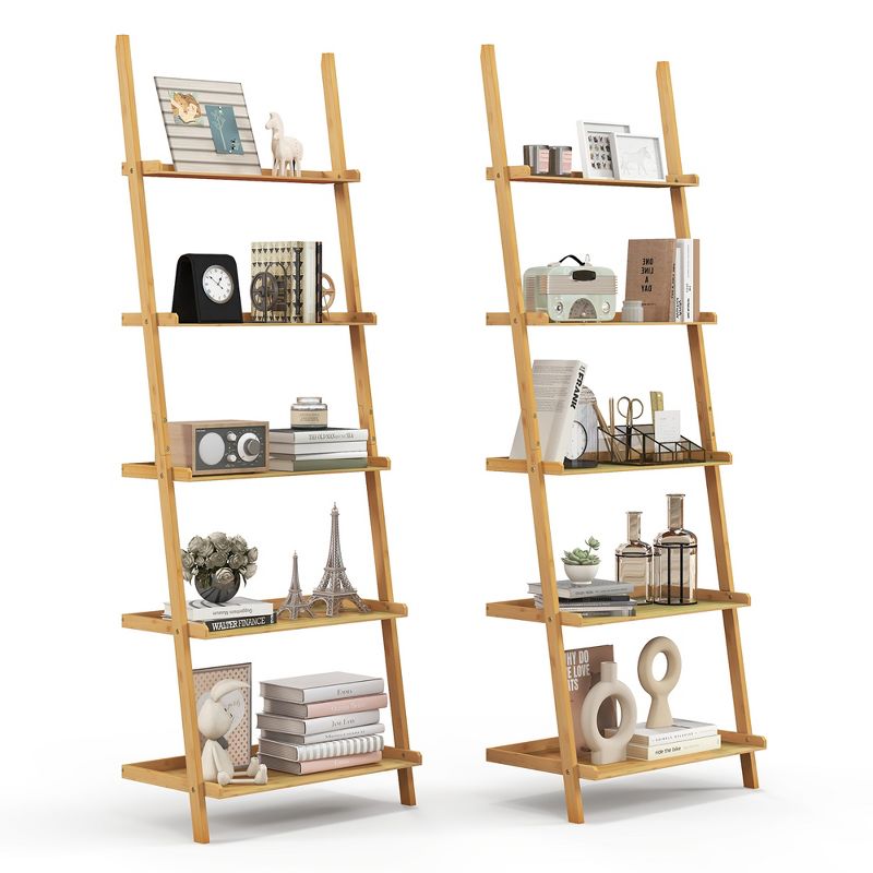 Costway 2 PCS 5-Tier Bamboo Ladder Shelf Wall-Leaning Display Bookcase Storage Rack, 1 of 11