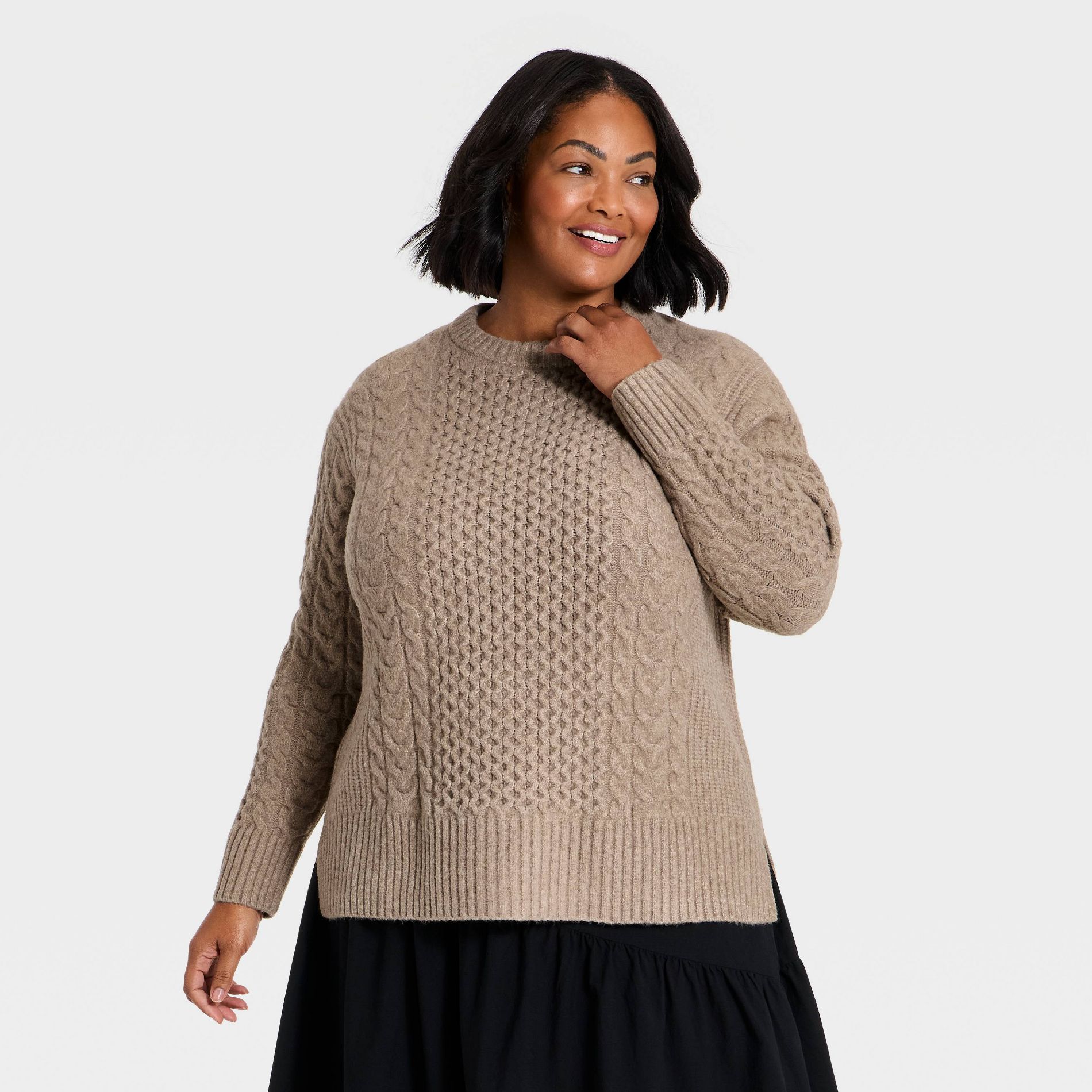 Women's Plus Crewneck Textured Cable Knit Tunic Sweater - Ava & Viv™