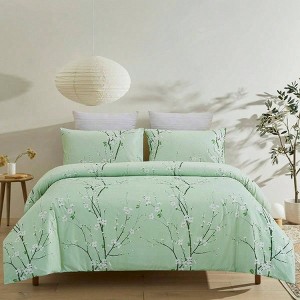 Soft Brushed Microfiber Duvet Cover Set, Plum Blossom Floral, Green, Queen 90x90 Inches with Zipper and Corner Ties - 1 of 4