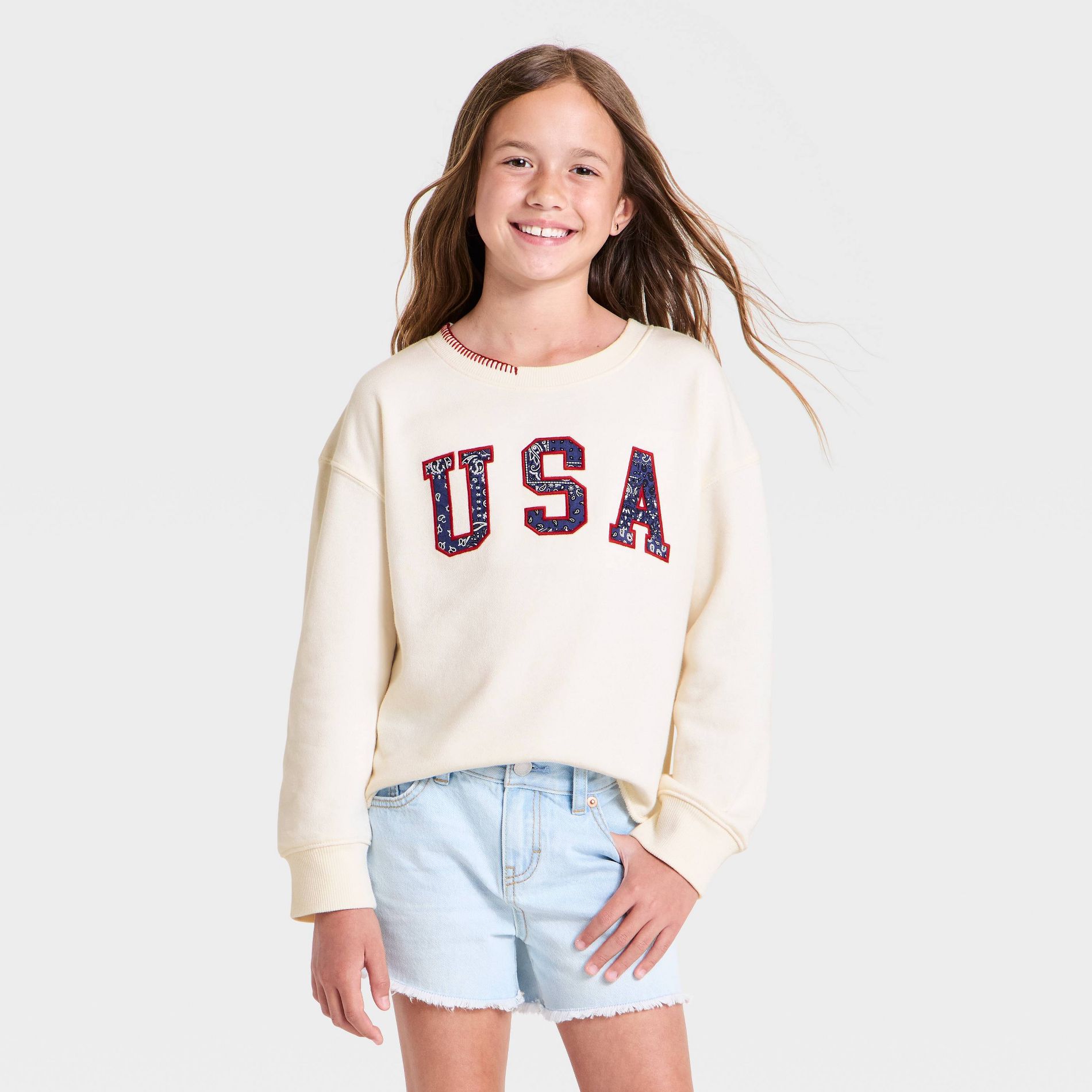 Girls' "USA" French Terry Crewneck Pullover Sweatshirt - Cat & Jack™ Cream