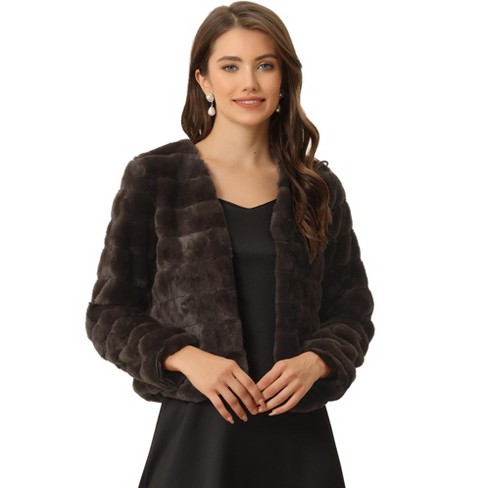 Allegra K Women's Winter Warm Cropped Collarless Faux Fur Fluffy Jacket  Dark Brown Large