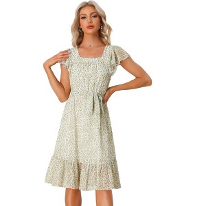 Allegra K Women's Floral Chiffon Flutter Sleeve Belted Square Neck Ruffled Hem Dress - 1 of 4