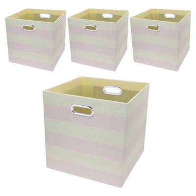Posprica 13 x 13 Inch Square Collapsible Storage Organization Cubes for Nursery, Living Room, Bedroom, or Office, Light Pink & Cream Striped (4 Pack)