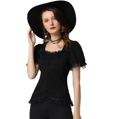 INSPIRE CHIC Women's Square Neck Solid Color Puff Short Sleeve Lace Up Gothic Blouse