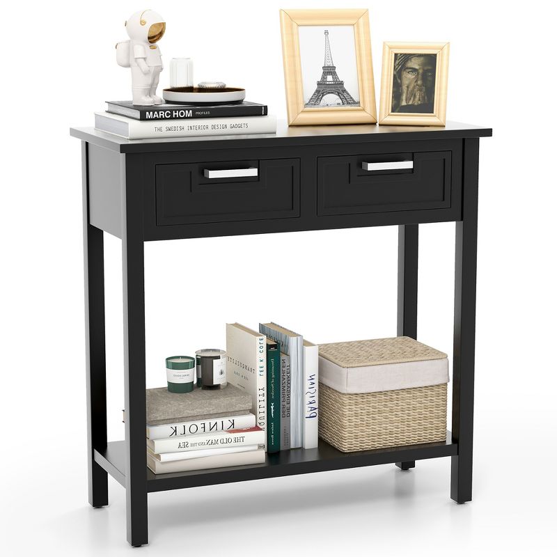 Tangkula Narrow Console Table with Drawers Retro Accent Sofa Table w/ Open Storage Black, 1 of 11