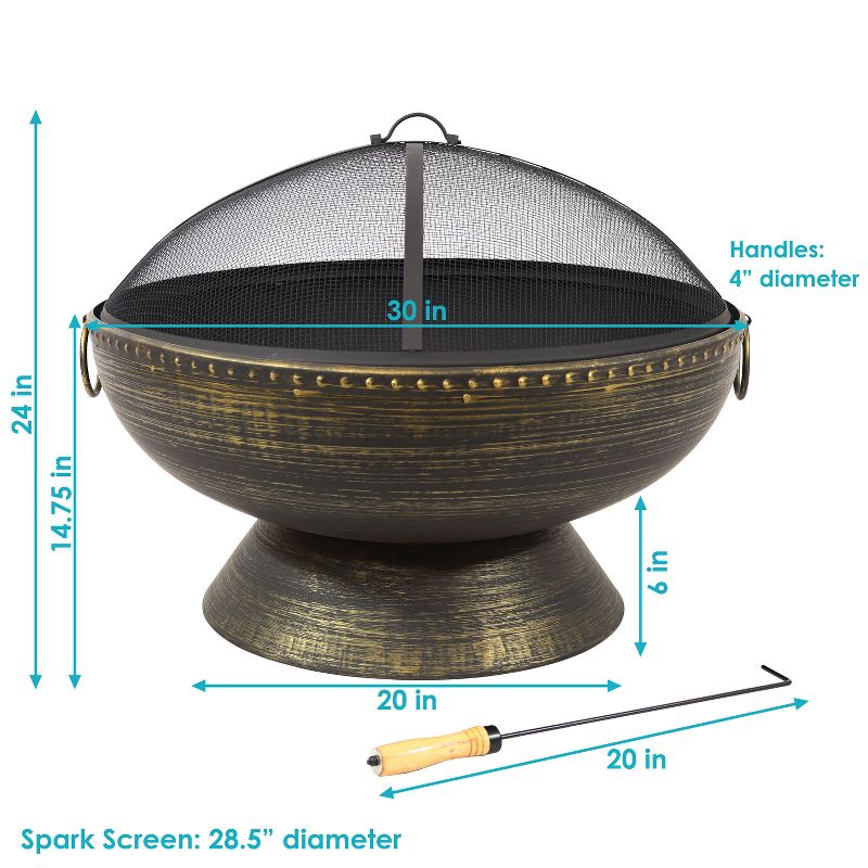 Sunnydaze Outdoor Camping or Backyard Large Fire Pit Bowl with Spark Screen, Log Poker, and Metal Wood Grate - 30" - Bronze, 5 of 15