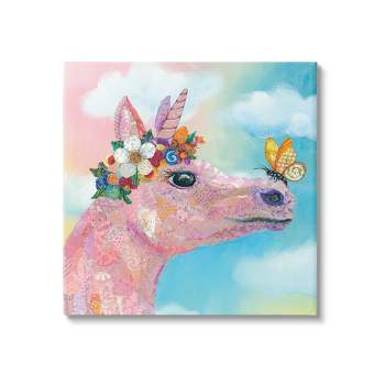 Stupell Industries Butterfly Kisses Pink Fantasy Unicorn Flower Blossoms Canvas Wall Art