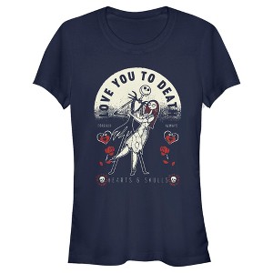 Juniors Womens The Nightmare Before Christmas Valentine's Day Jack and Sally Love You to Death T-Shirt - 1 of 4