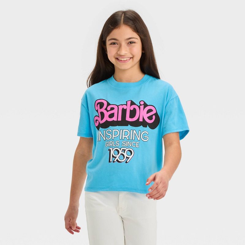 Girls' Barbie Short Sleeve Cropped Graphic T-Shirt - Blue, 1 of 4