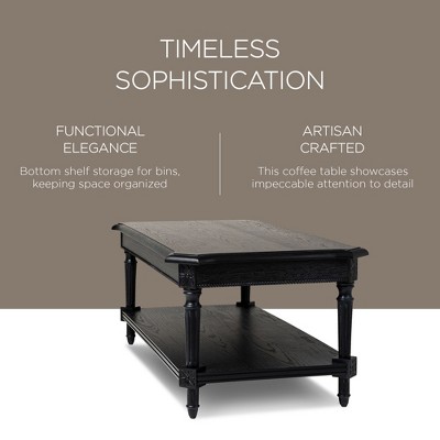 Antiqued Black Traditional Rectangular Wooden Coffee Table with Shelf