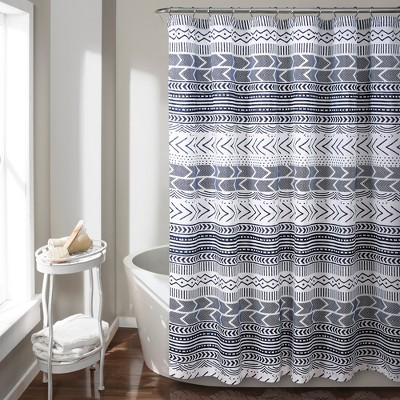 Hygge Geo Shower Curtain Navy - Lush Décor: 100% Polyester, Microfiber ...