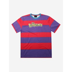 The Flintstones Logo Crew Neck Short Sleeve Red & Purple Striped Adult T-shirt - 1 of 2