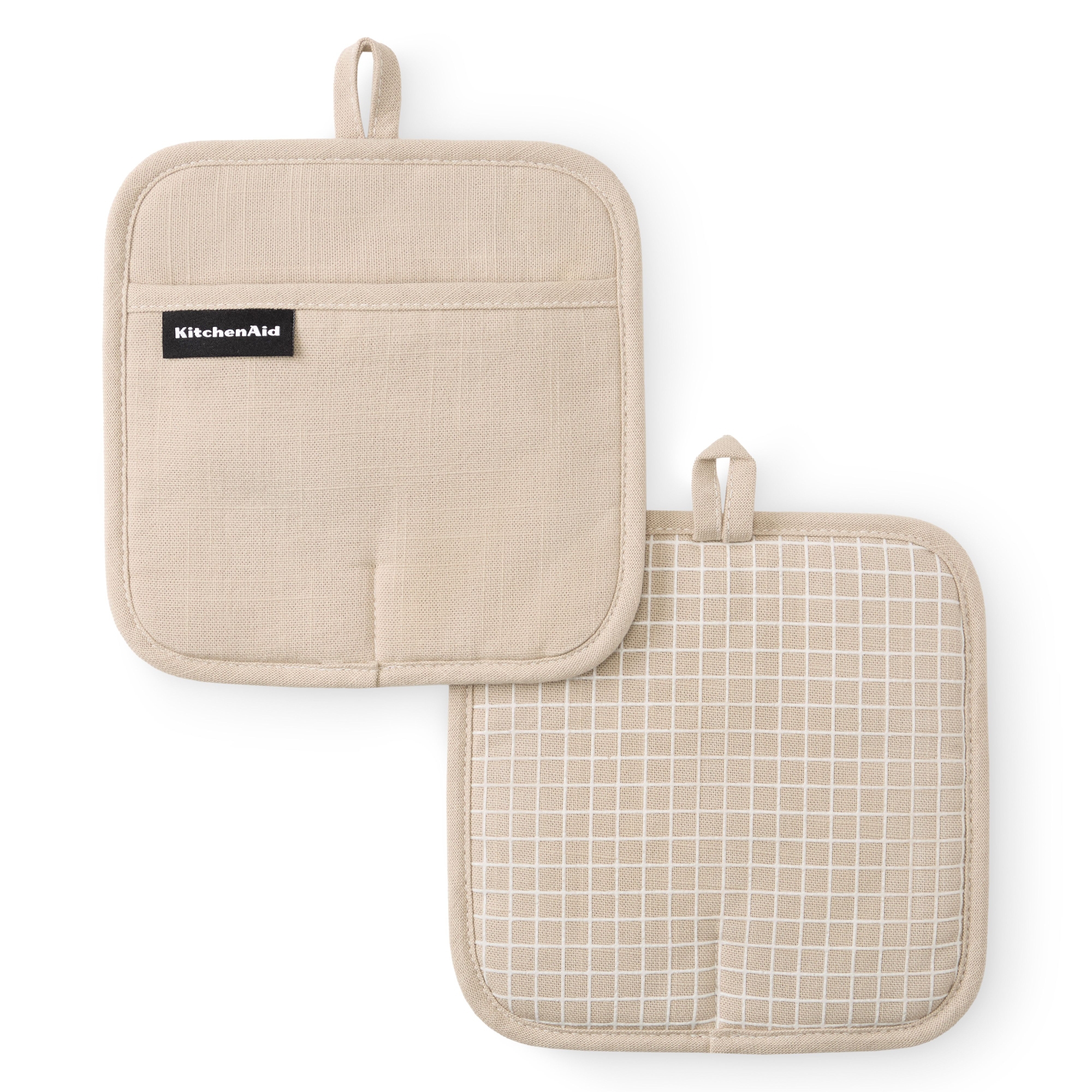 KitchenAid Gridlines Pot Holders 2-Pack, Soft Silicone Grip and Magnetic Cuff, Milkshake Tan