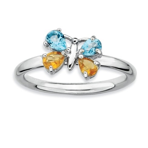 Black Bow Jewelry Silver Stackable Blue Topaz and Citrine Gemstone Butterfly Ring - image 1 of 4