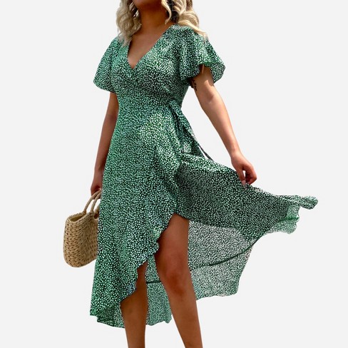 Women's Speckled Print Flared Sleeve V Neck Maxi Dress - Cupshe - Green ...