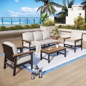 All Weather HDPE Outdoor Patio Furniture Conversation Set with Beige Cushions and Coffee Table - 1 of 4