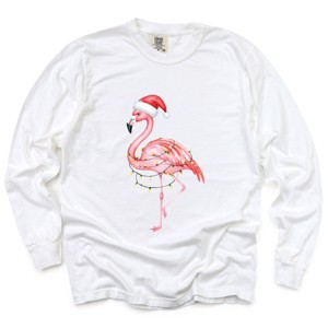 Flamingo Christmas Lights Watercolor - Garment Dyed Long Sleeve - 1 of 3