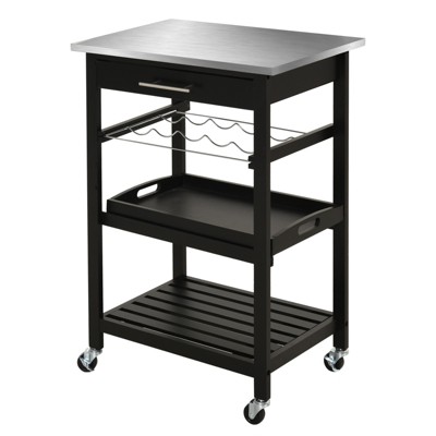 HOMCOM Pine 3-Tier Multifunction Rolling Kitchen Island Cart with Open Storage Shelves Wine Rack & Stainless Steel Top
