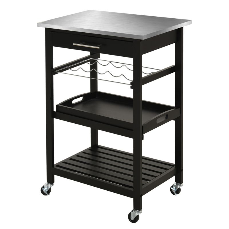 HOMCOM Kitchen island Cart Rolling Trolley Utility Serving Cart with Stainless Steel Tabletop, Wine Rack & Drawer, 1 of 9