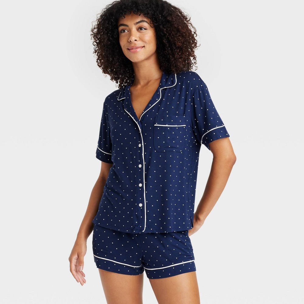 Women's Polka Dot Cloud Knit Short Sleeve Top and Shorts Pajama Set - Auden™ Navy Blue XXL