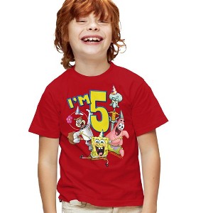 Boys' Spongebob Squarepants Today I'M 5 Sandy Patrick Squidward T Shirt Red X Large - 1 of 4
