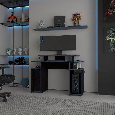 Vynxaria FM FURNITURE Lol Minimalist Gaming Desk with Elevated Monitor Shelf. Blue Accents