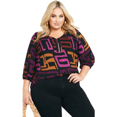 Avenue Women's Plus Size Meila Zip Print Top
