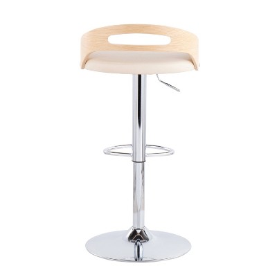 Cassis Adjustable Chrome Swivel Barstool with Natural Wood and Cream Faux Leather - Set of 2