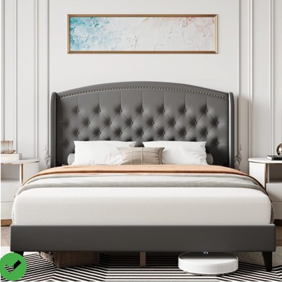 Full Size Bed Frame with Wingback Headboard Velvet Upholstered Platform ...