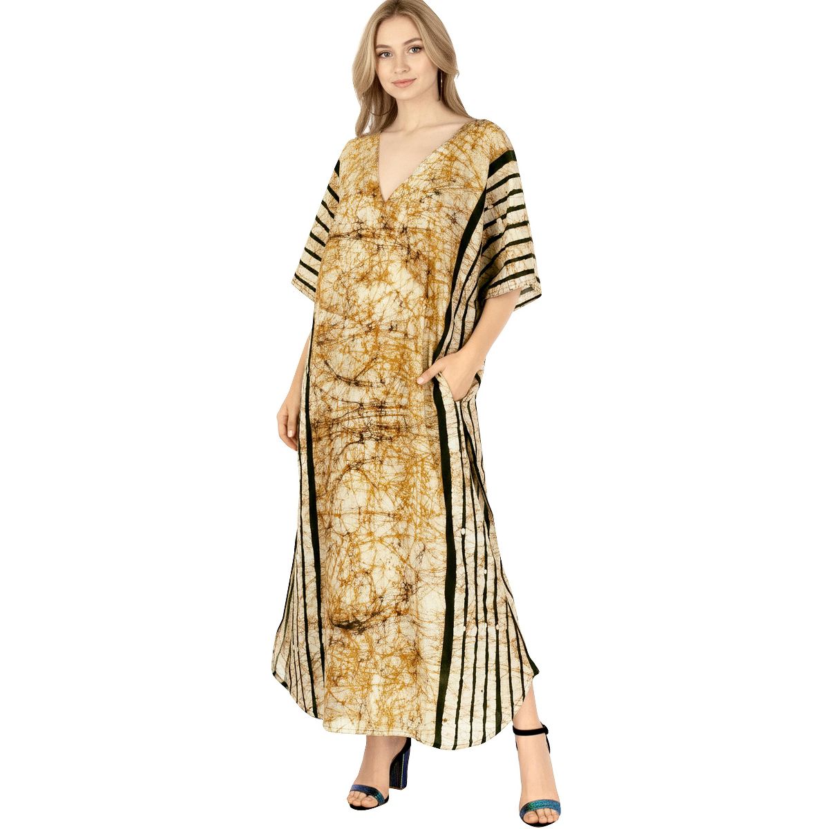 LA LEELA Summer Cotton Boho Caftan for Women Resortwear Vacation Cruise Holiday Maxi Loungewear Travel Dress 2X-3X Yellow Stripe
