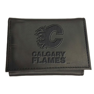 Evergreen NHL Calgary Flames Black Leather Trifold Wallet Officially Licensed with Gift Box
