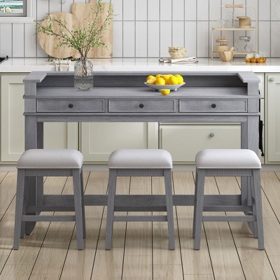 CAVINAS Dining Table Set for 4 Bar Table Set with 3 Upholstered Stools 3 Drawers